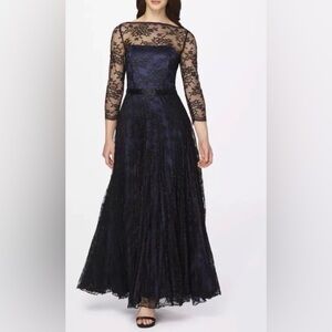Tahari Arthur S. Levine Black Lace Pleated Gown - Size 14
